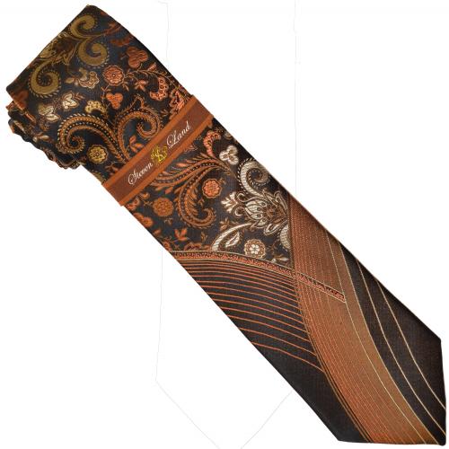 Steven Land Collection W666 Brown / Copper / Champagne Paisley Design 100% Woven Silk Necktie / Hanky Set